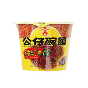 DOLL bowl noodle cup with spiced pork cubes flavor, yellow red noodle packaging