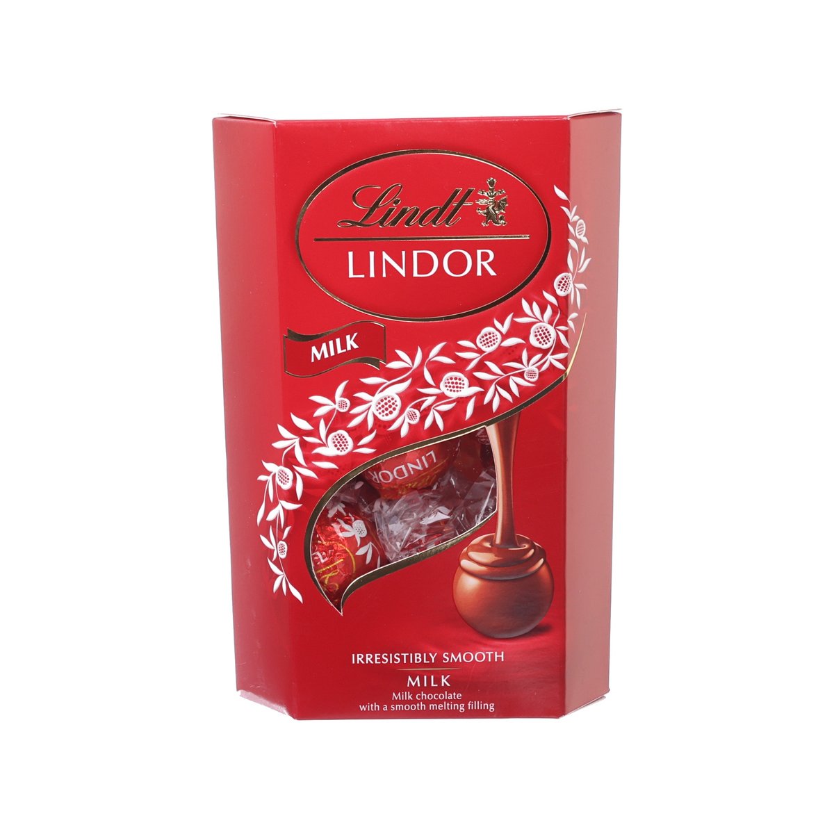 LINDOR milk chocolate ball box, red carton with front window