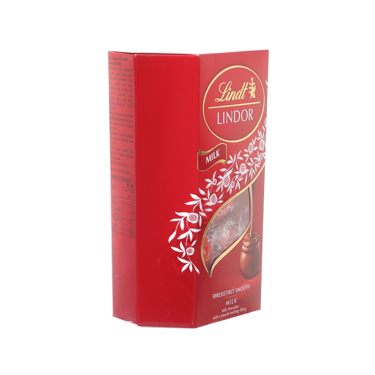 LINDOR milk chocolate ball box, red side panel with floral chocolate graphics