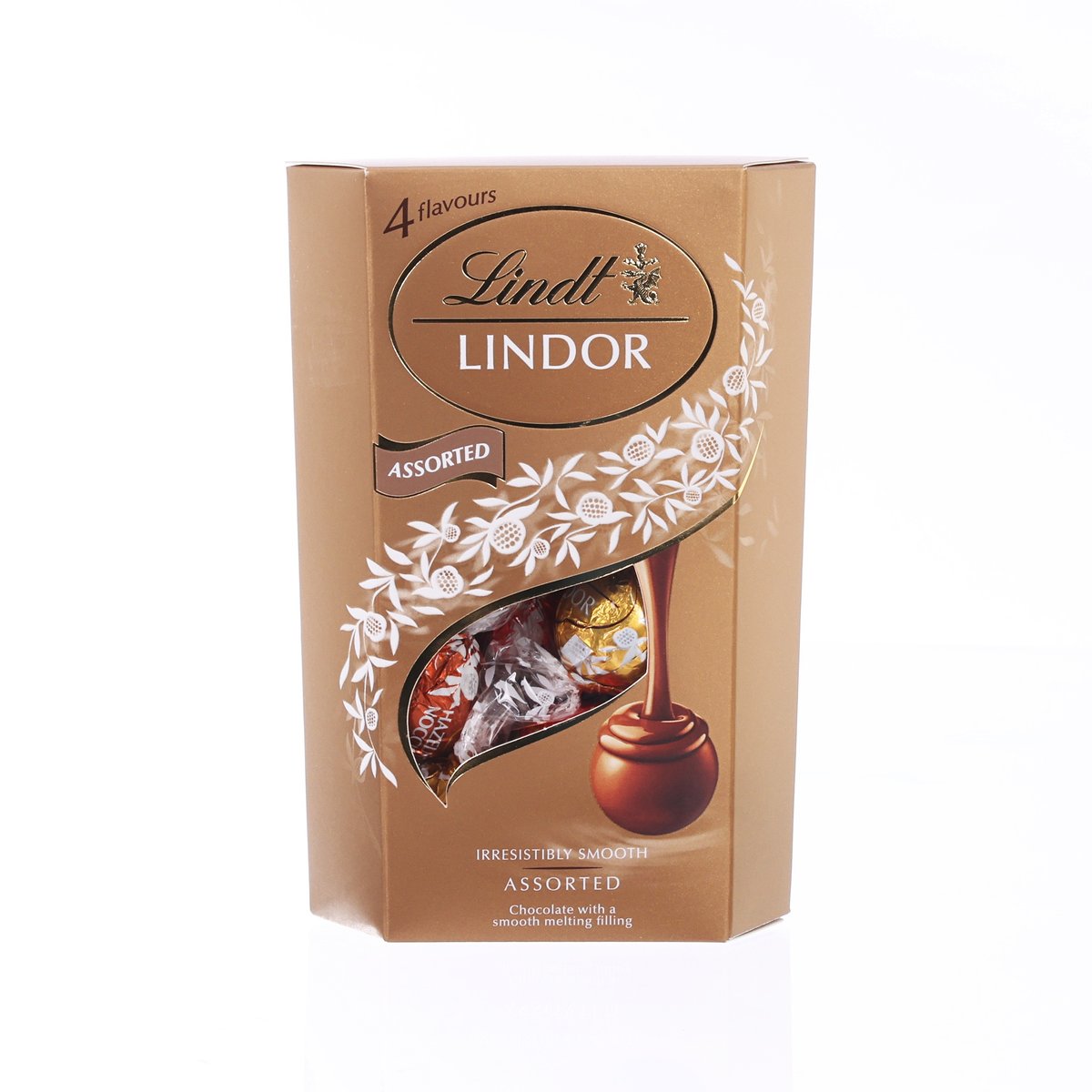 LINDOR assorted chocolate balls box, 4 flavors; smooth filling in white, dark, milk, hazelnut