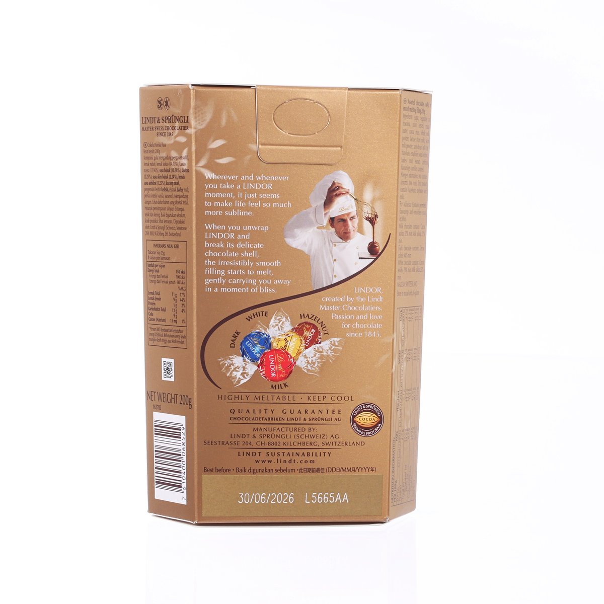 LINDOR assorted chocolate balls box back panel with barcode and product details