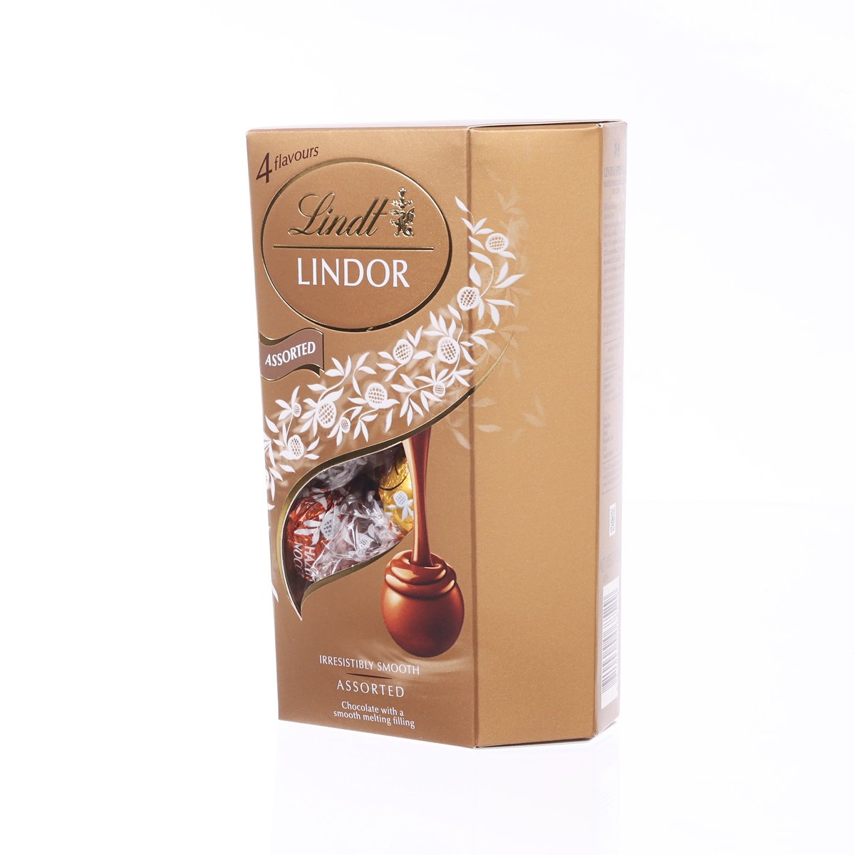 LINDOR assorted chocolate balls gift box, angled front view with 4 flavours icon