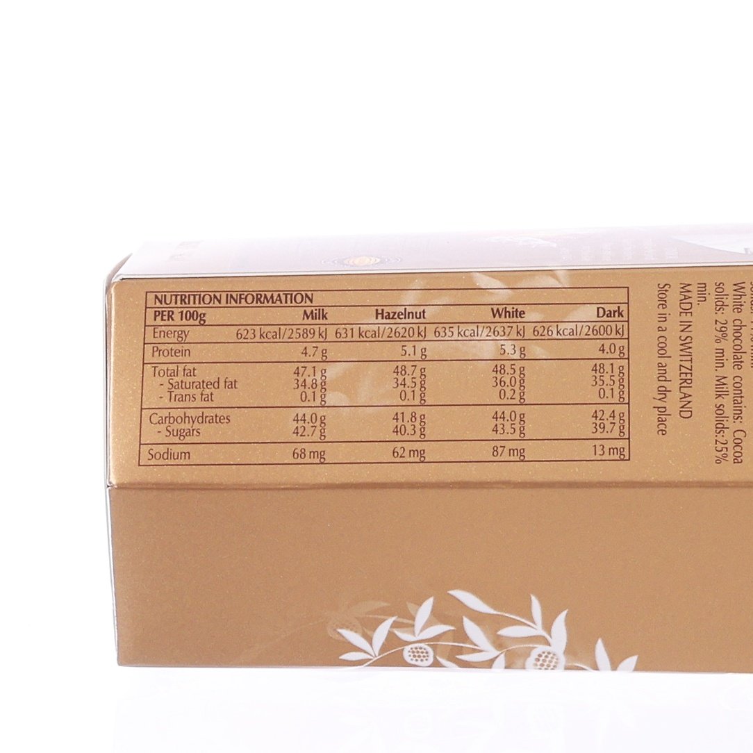 LINDOR assorted chocolate balls box side with nutrition information table for 100g
