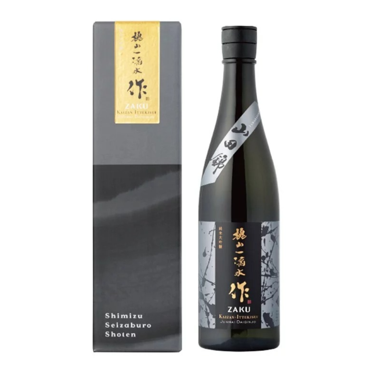 ZAKU Kaizan Ittekisui junmai daiginjo sake bottle with dark box and black cap