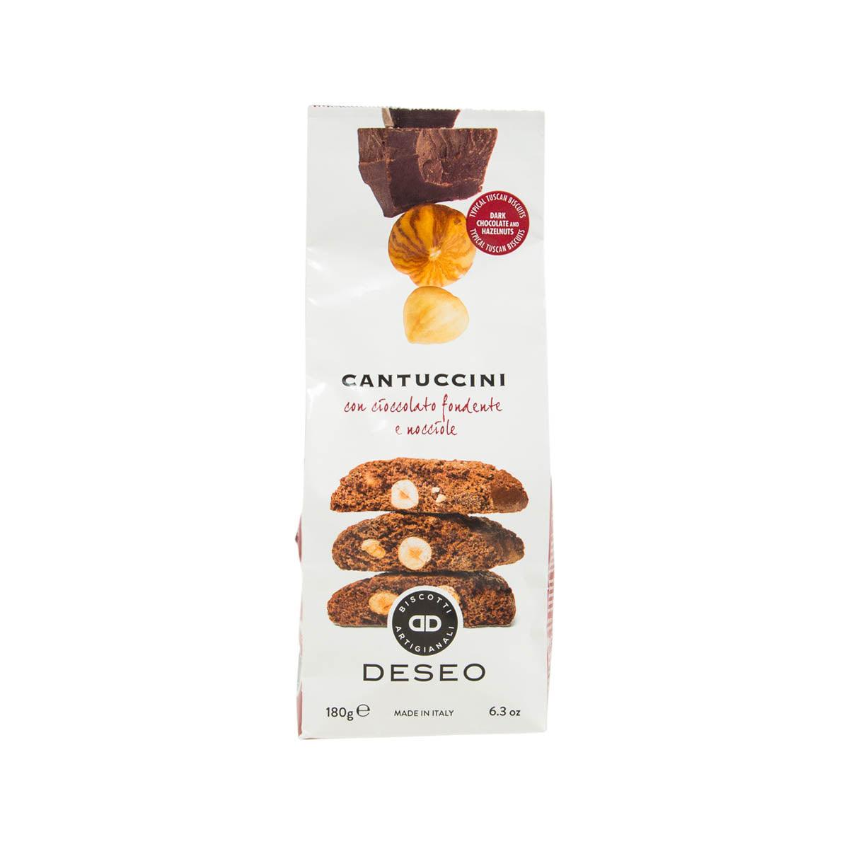 DESEO cantuccini with extra dark chocolate and hazelnuts, 180g package front