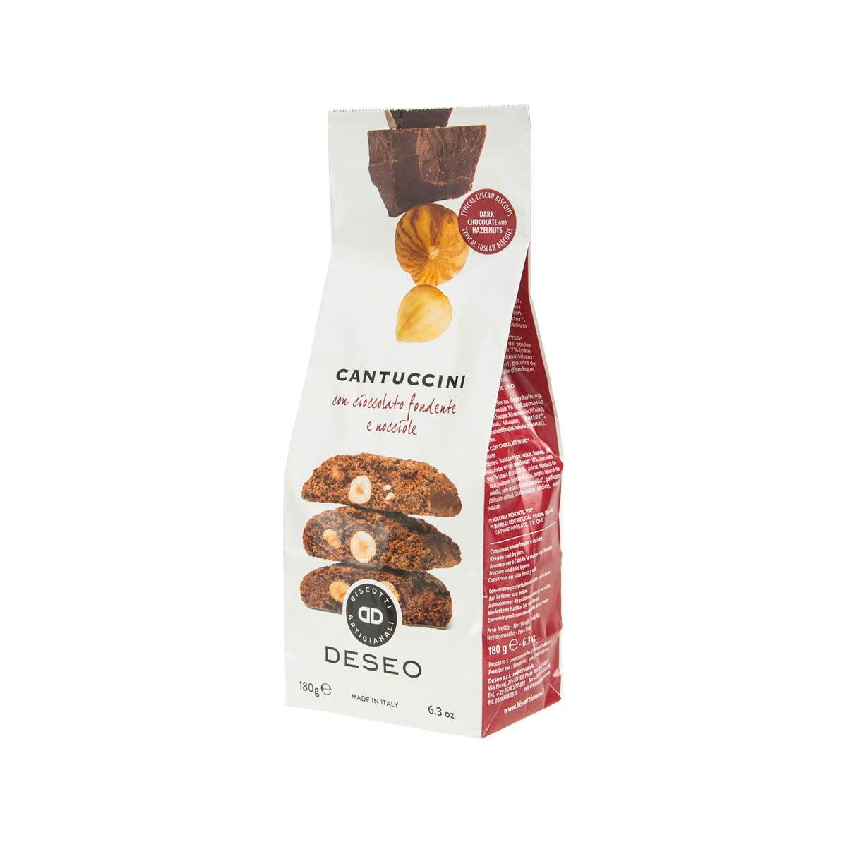 DESEO cantuccini with extra dark chocolate and hazelnuts, 180g side view pouch