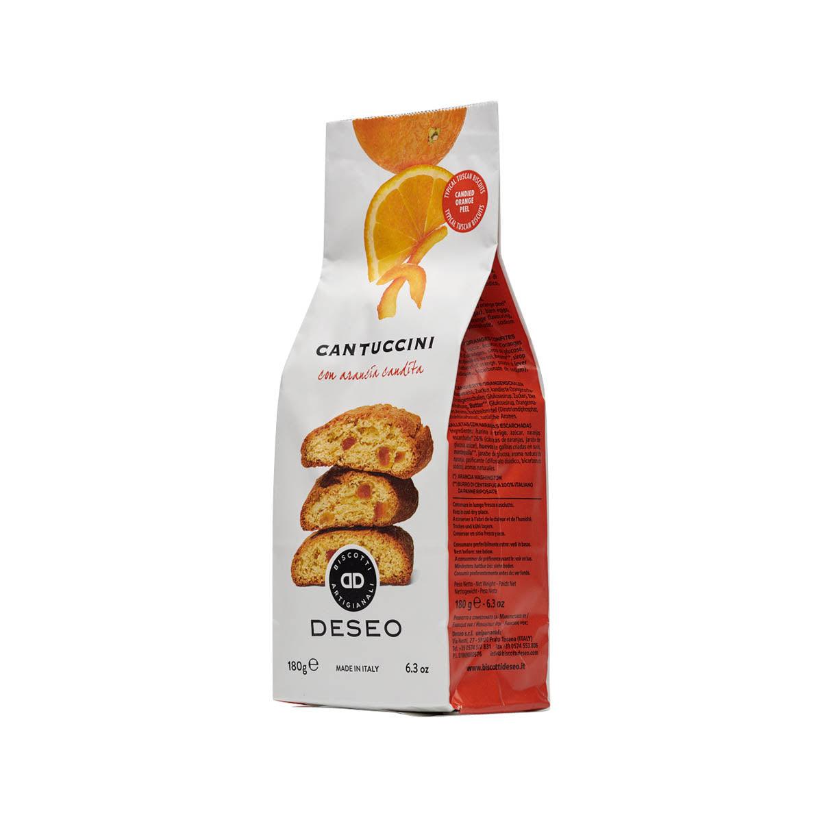 Cantuccini biscotti bag with orange peel logo and nutrition panel on side