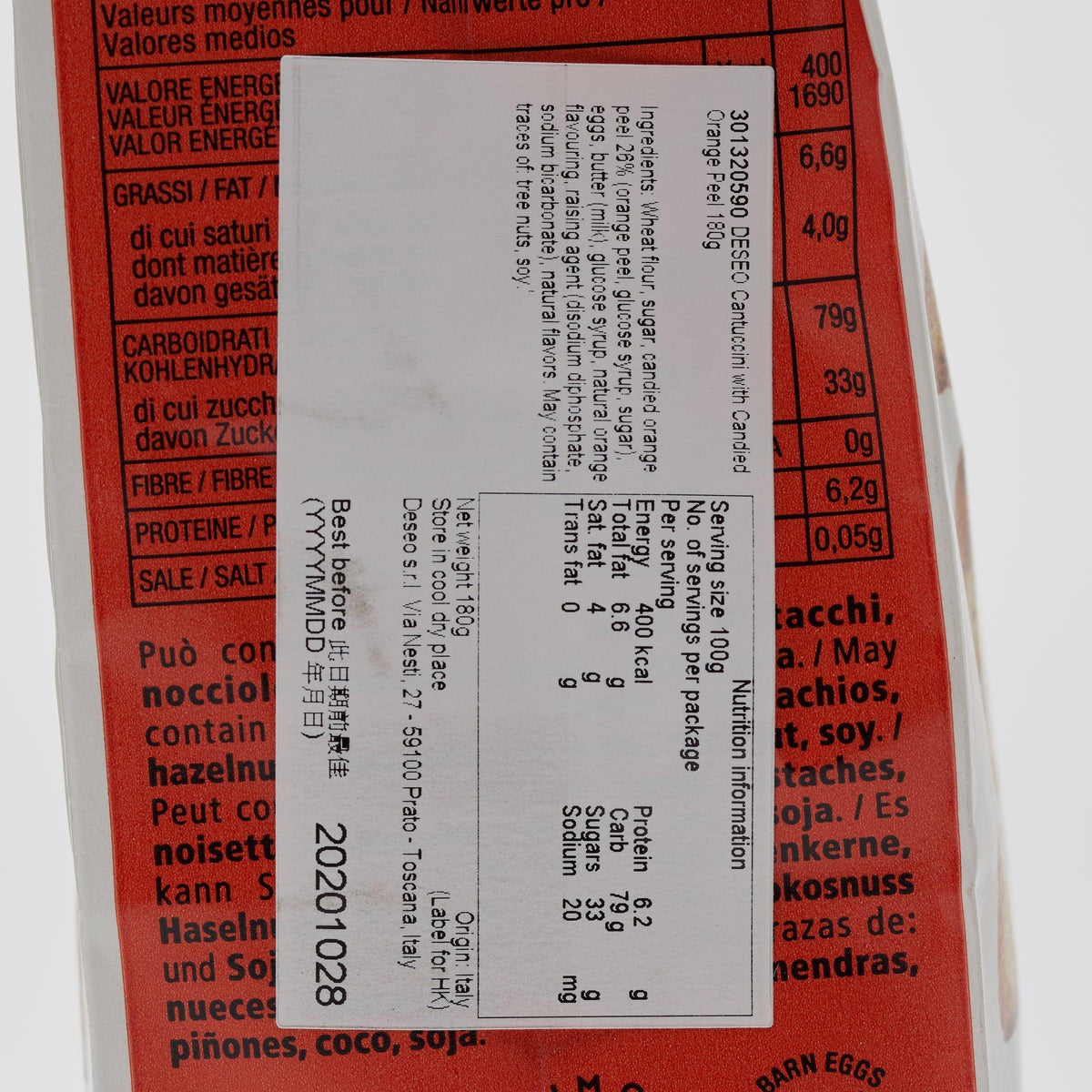 Biscotti bag nutrition and ingredients text panel in red and white