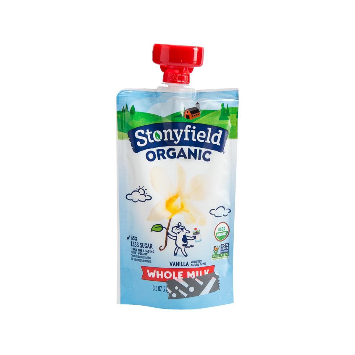 Vanilla whole milk yogurt pouch with red spout cap, Stonyfield Organic