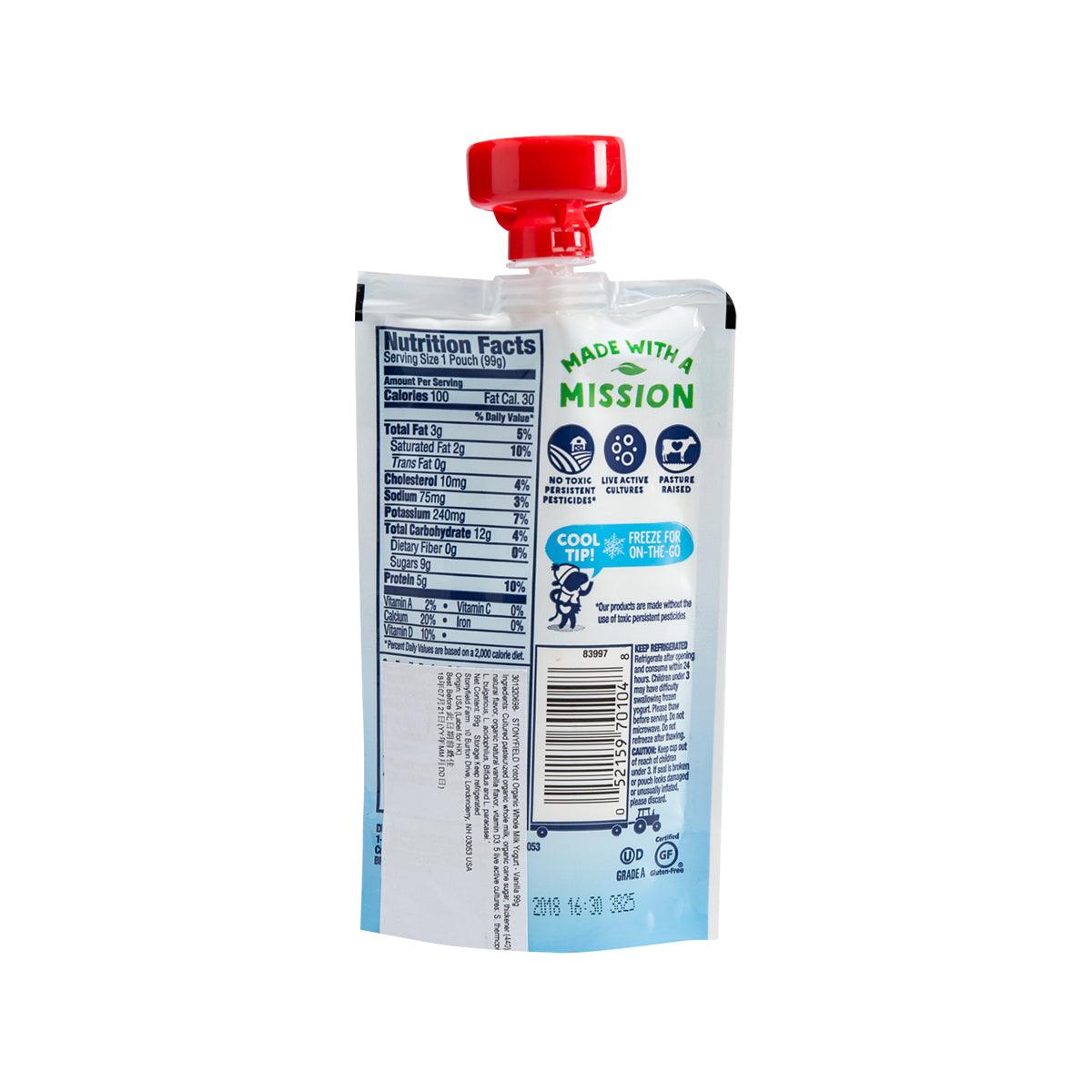Vanilla yogurt pouch back with nutrition facts and red spout cap, Stonyfield Organic