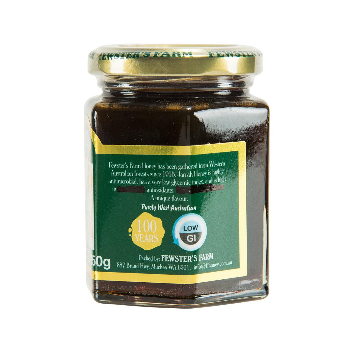 Honey jar back label with 100 years badge and Low GI info; 250g jar
