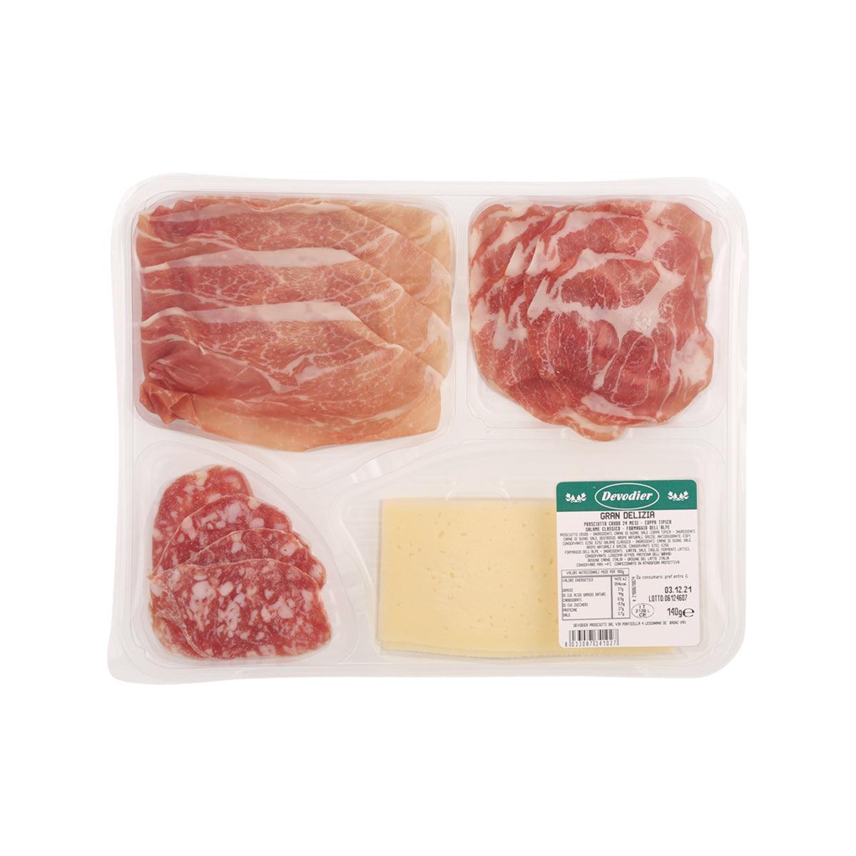 DEVODIER Gran Delizia cured meats and Montasio cheese assortment in clear tray