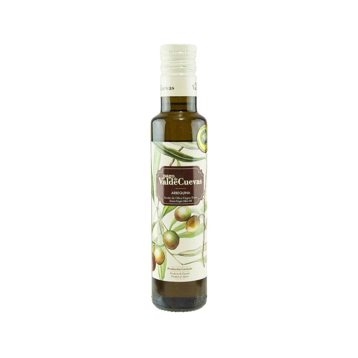 Extra virgin olive oil bottle with Arbequina front label