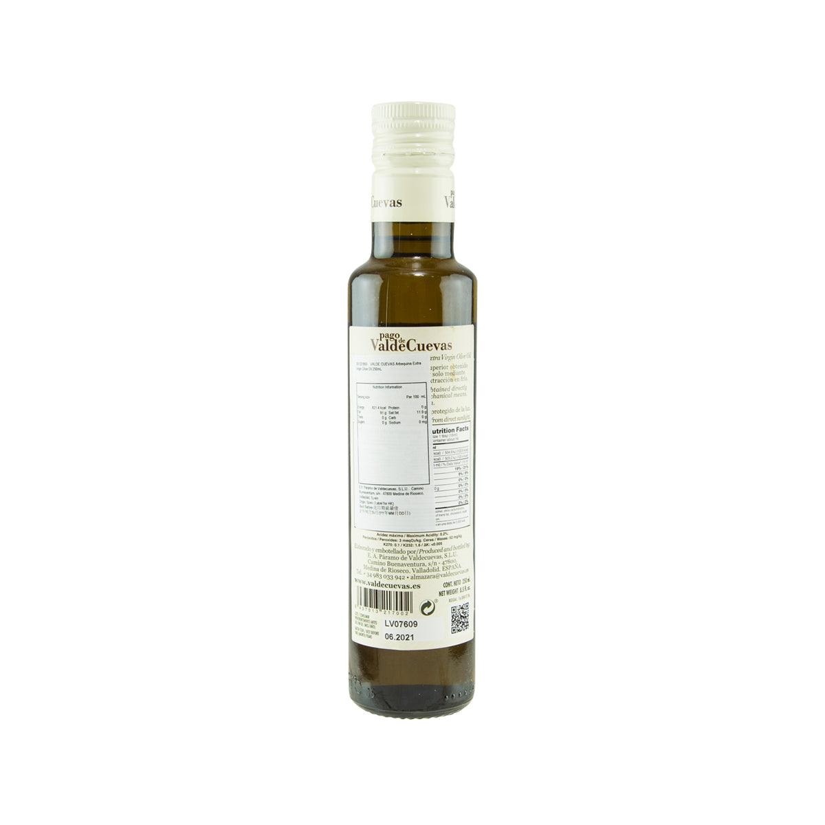 Extra virgin olive oil bottle back label with barcode and details