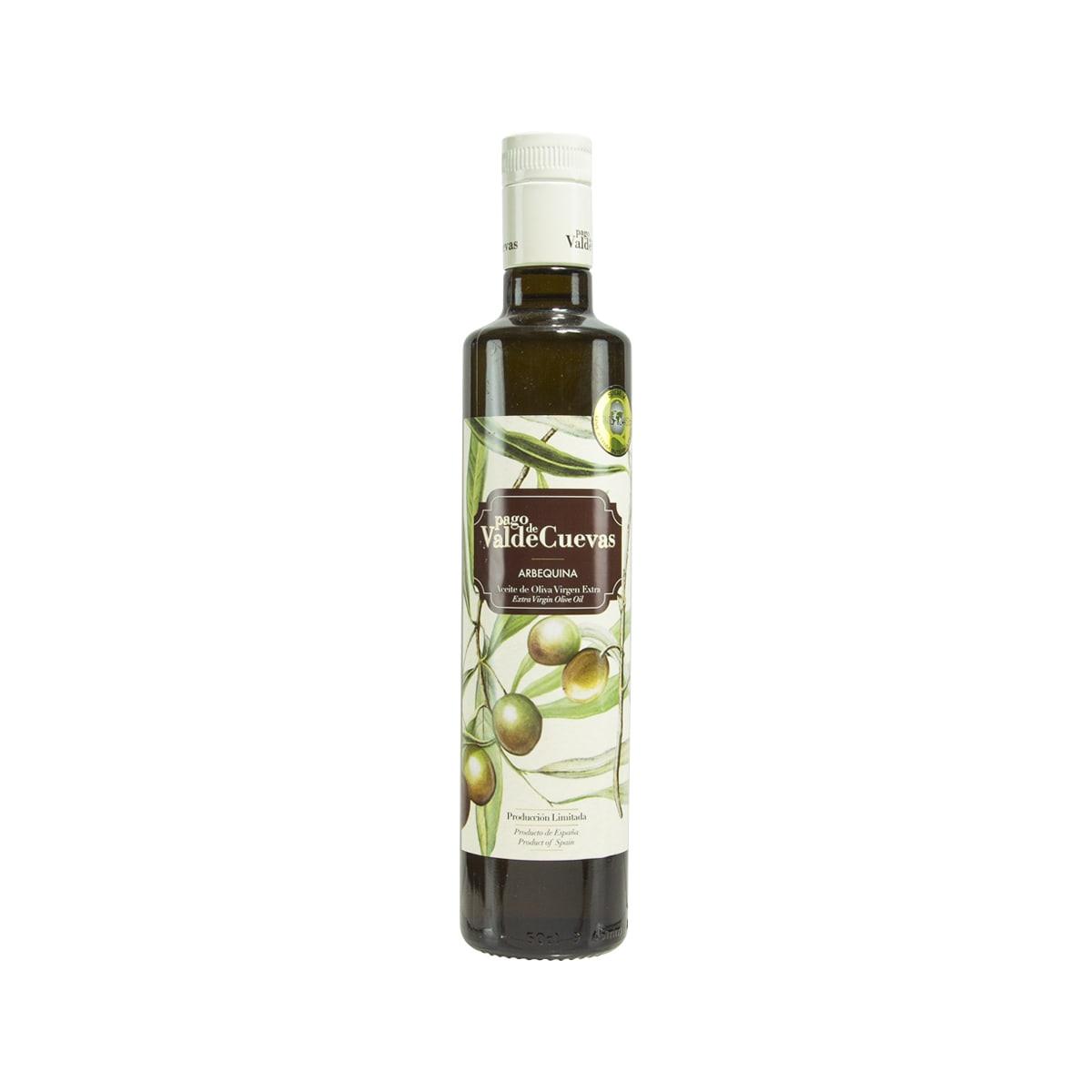 Extra virgin olive oil bottle with dark glass and front label, 500 mL