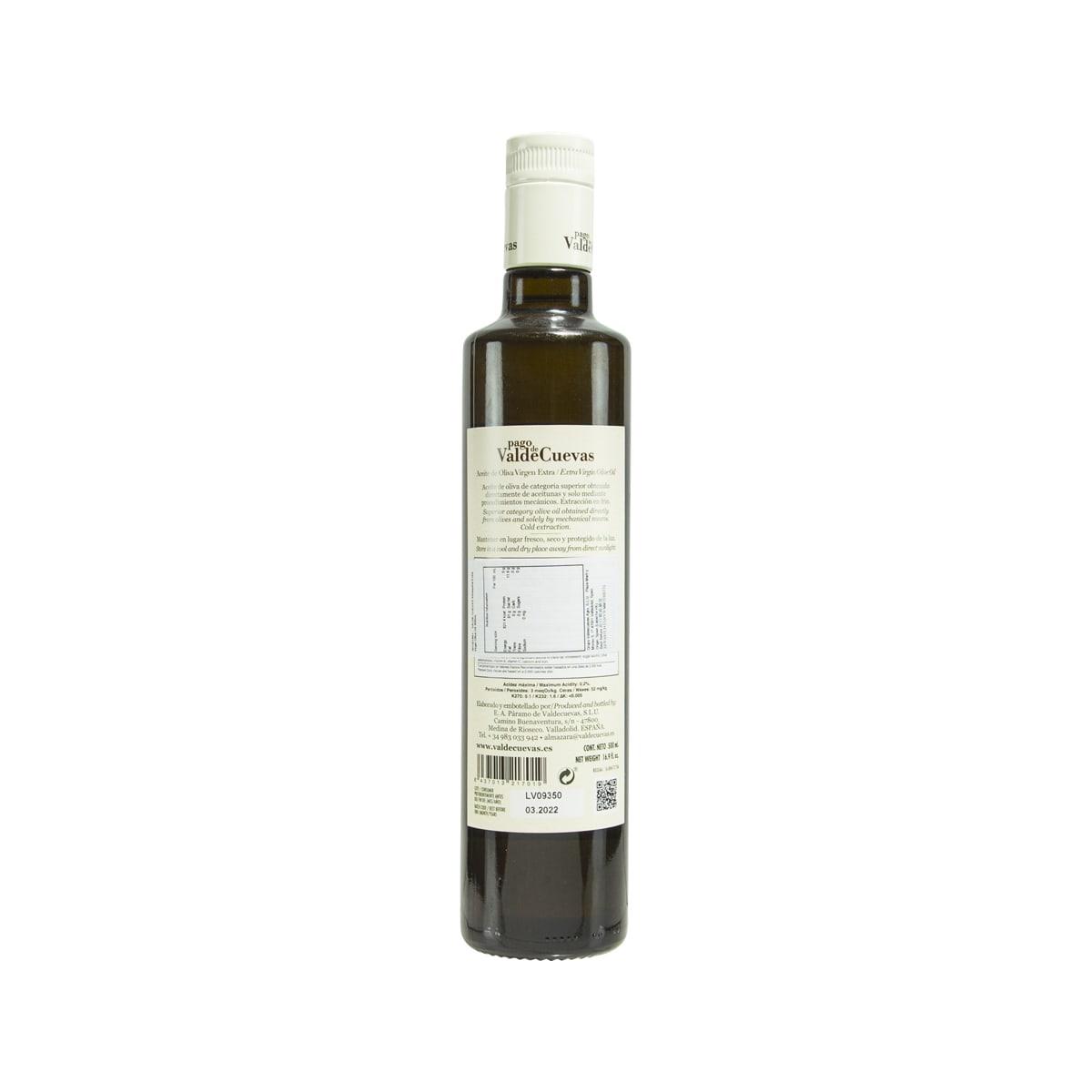Extra virgin olive oil bottle with back label and dark glass, 500 mL
