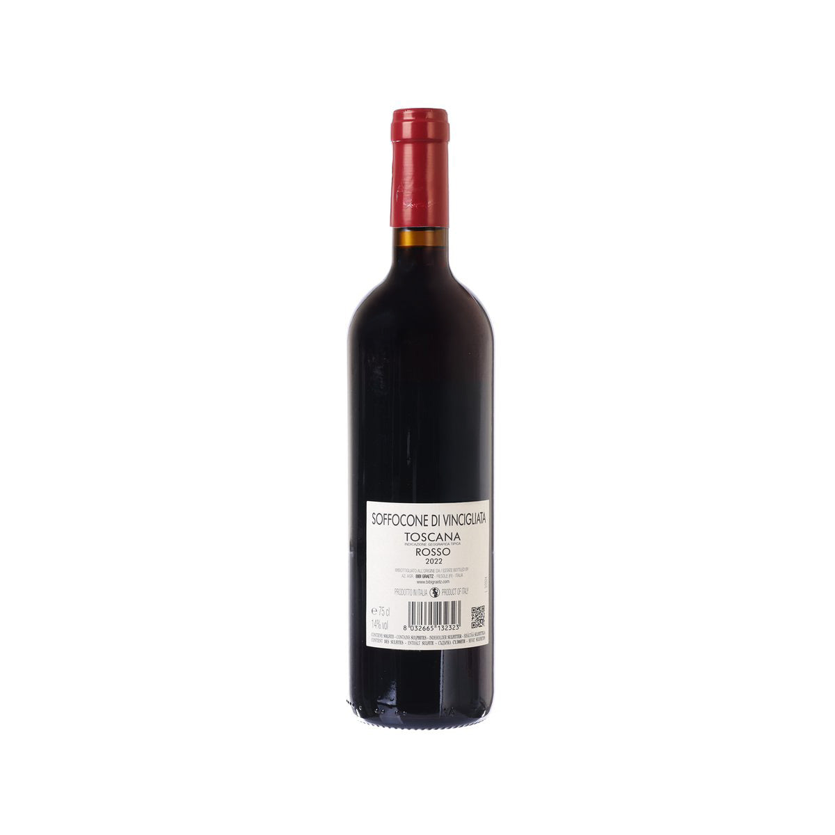 Wine bottle with red foil cap and back label, dark glass.