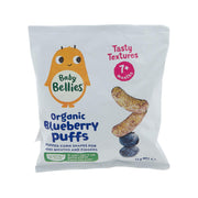 Organic blueberry puffs snack pouch, 12 g, front with baby and puff icons