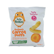 Organic carrot puffs snack pouch, 12g, with baby character and carrot puff graphics