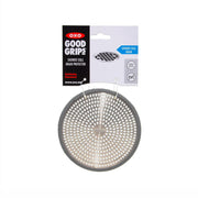 Circular shower stall drain protector strainer with small perforations, gray rim