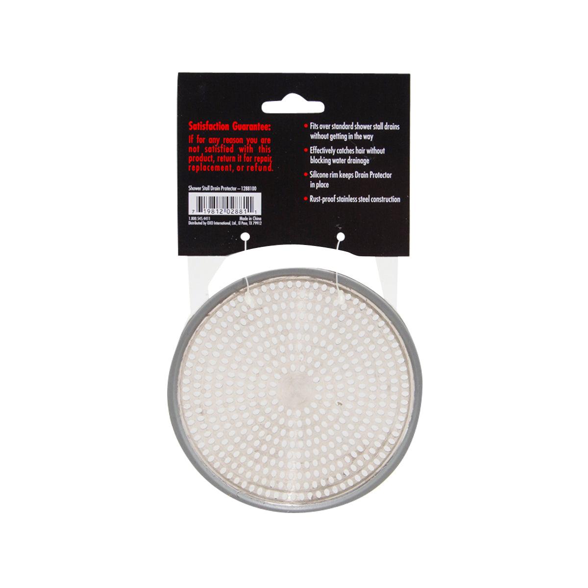 Circular shower stall drain protector with fine mesh perforations, gray edge