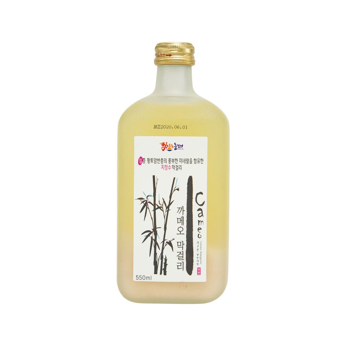 NAKCHEON makgeolli bottle, pale yellow, gold cap, front label, 550 mL