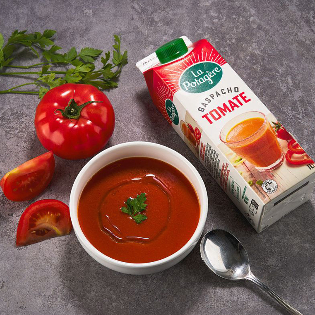 LA POTAGERE tomato gazpacho 1L carton and bowl of soup with garnish