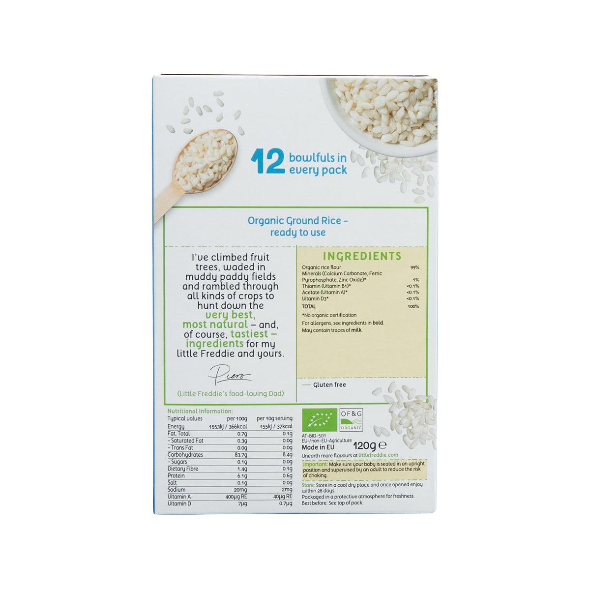 LITTLE FREDDIE organic baby rice pack back panel with ingredients and nutrition