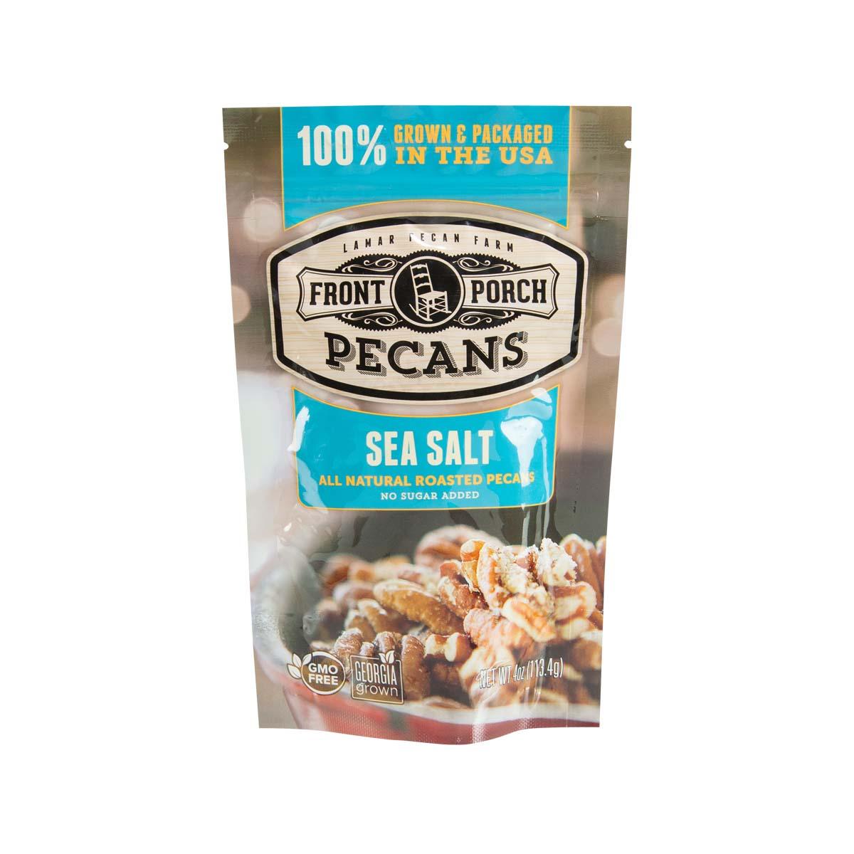 Sea salt pecans bag with FRONT PORCH label and pecans pictured