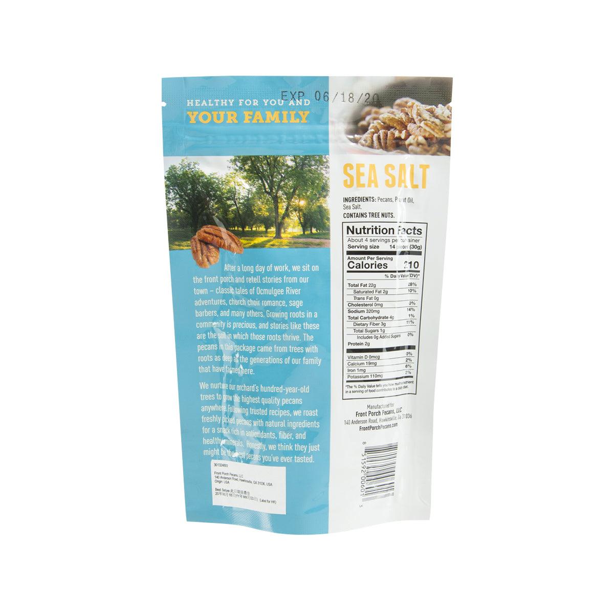Back of sea salt pecans bag with nutrition facts and ingredients panel