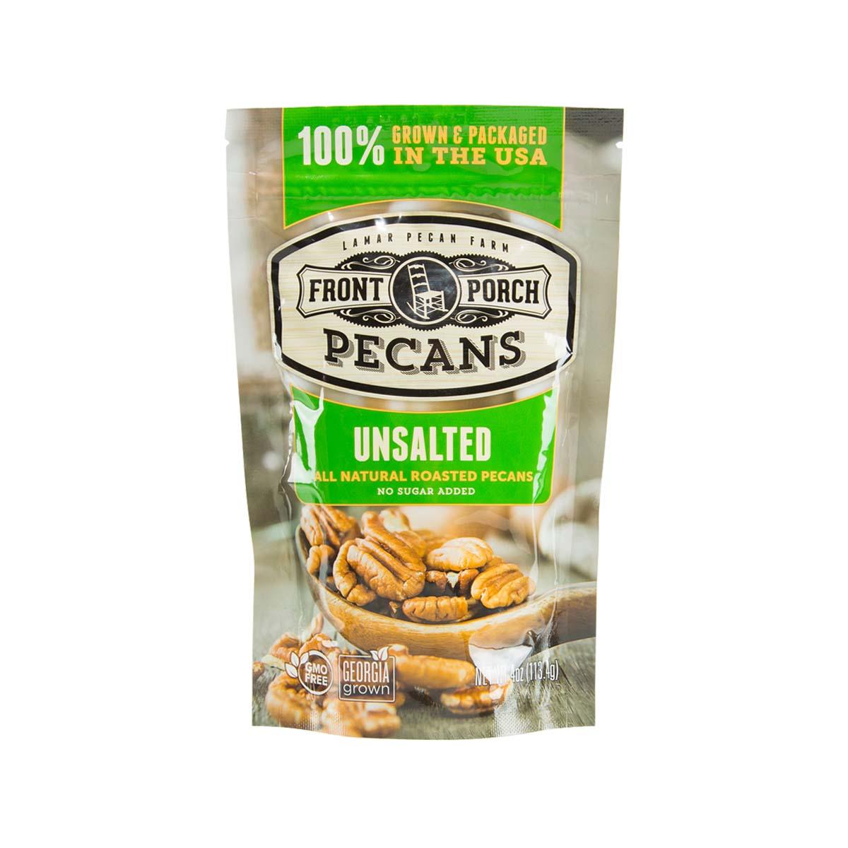 Unsalted pecans in clear stand-up pouch with Front Porch label