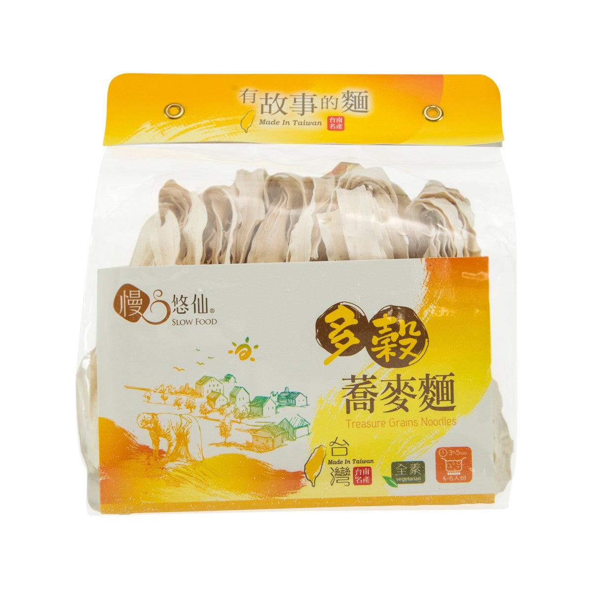 Buckwheat knife noodles package, clear pouch with orange label and sealed ends