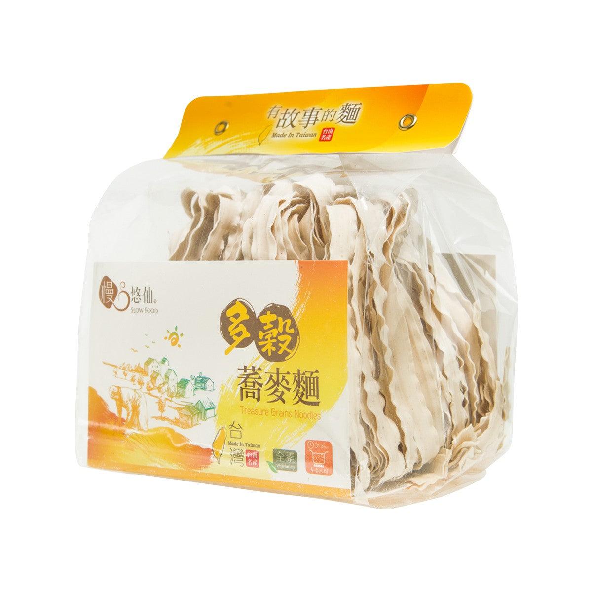 Buckwheat knife noodles in clear bag, beige noodles visible through front label