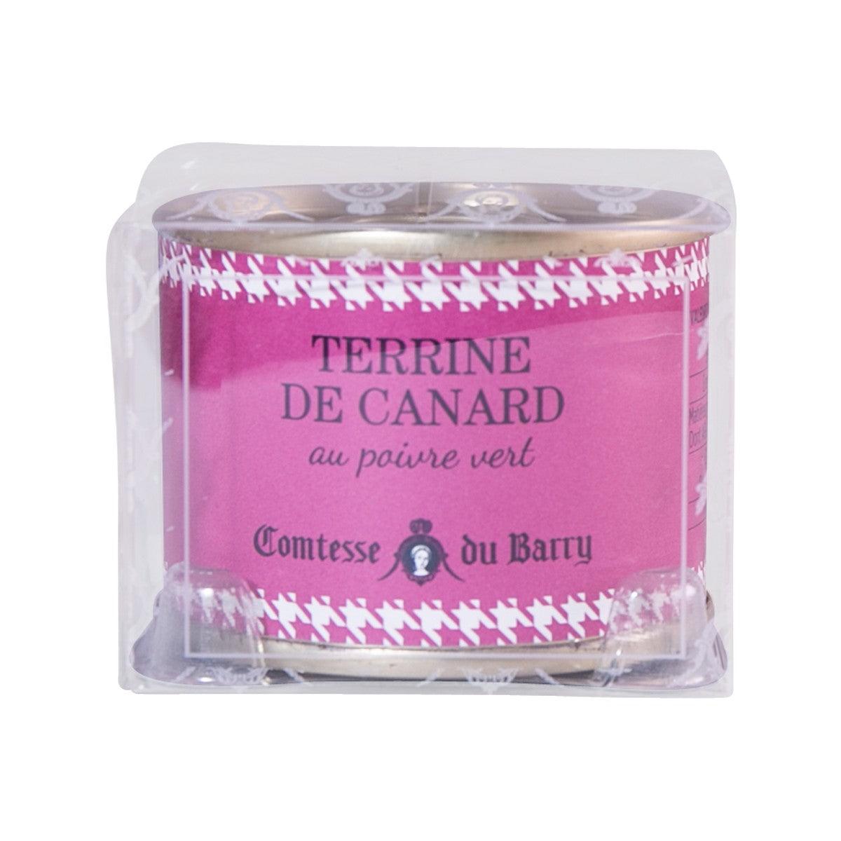 Duck terrine metal tin in clear plastic wrap with front label visible.