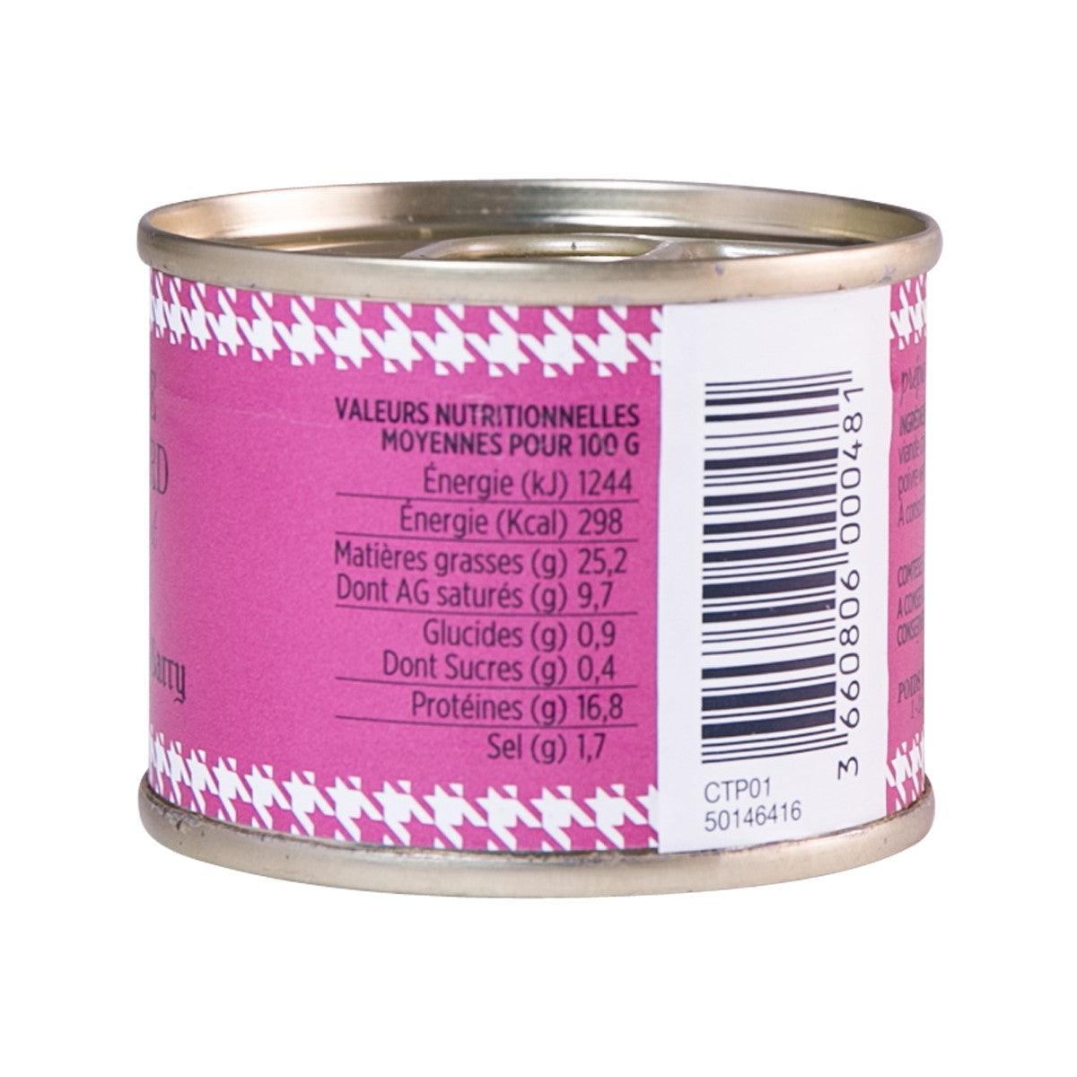 Duck terrine metal tin nutrition panel with energy and protein per 100g.