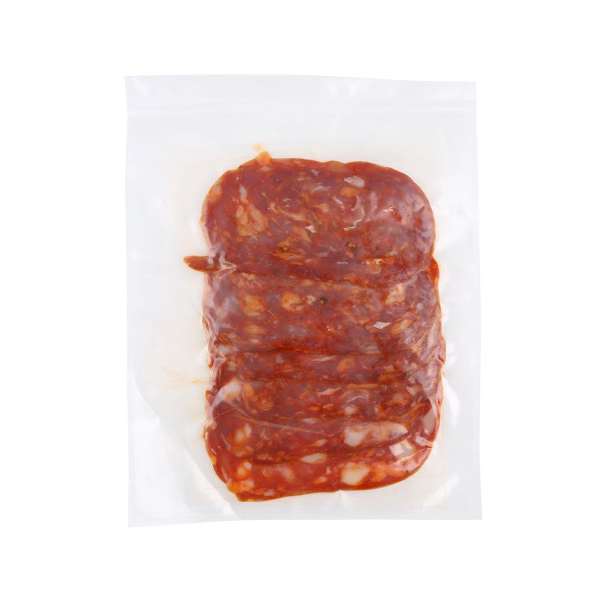Spicy Italian salami slices in clear plastic bag, red-brown cured meat