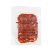 Spicy Italian salami slices in clear plastic bag, red-brown cured meat