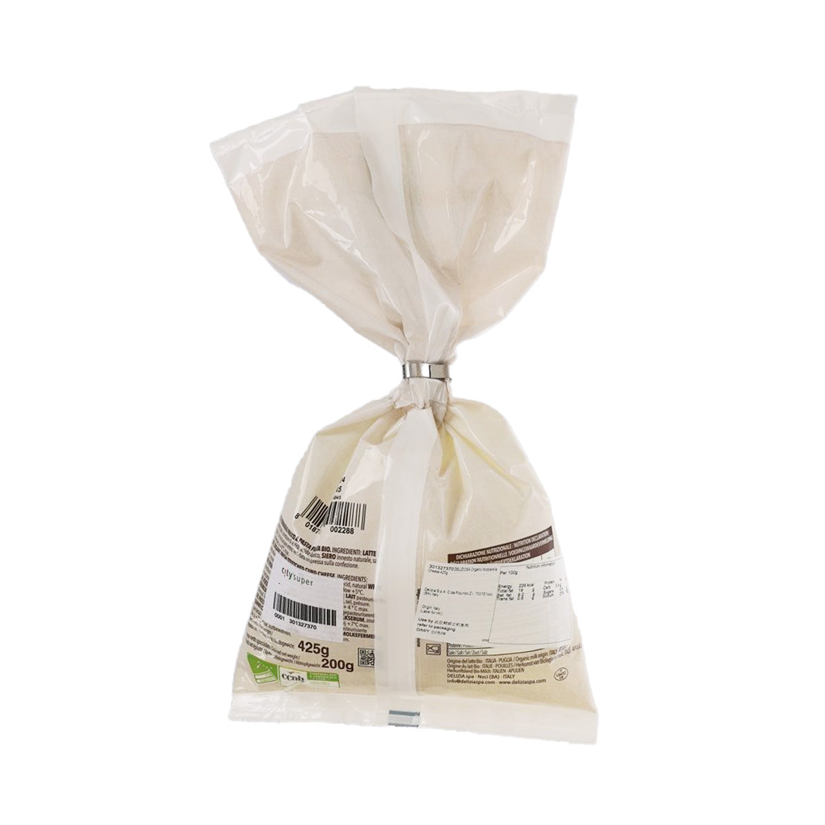 DELIZIOSA organic mozzarella cheese bag with product label and barcode