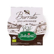 Burrata cheese package with green DELIZIOSA label and brown product panel, 125g