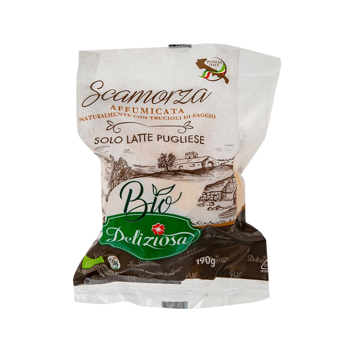 Organic smoked scamorza cheese in white-and-green retail pouch, 190 g