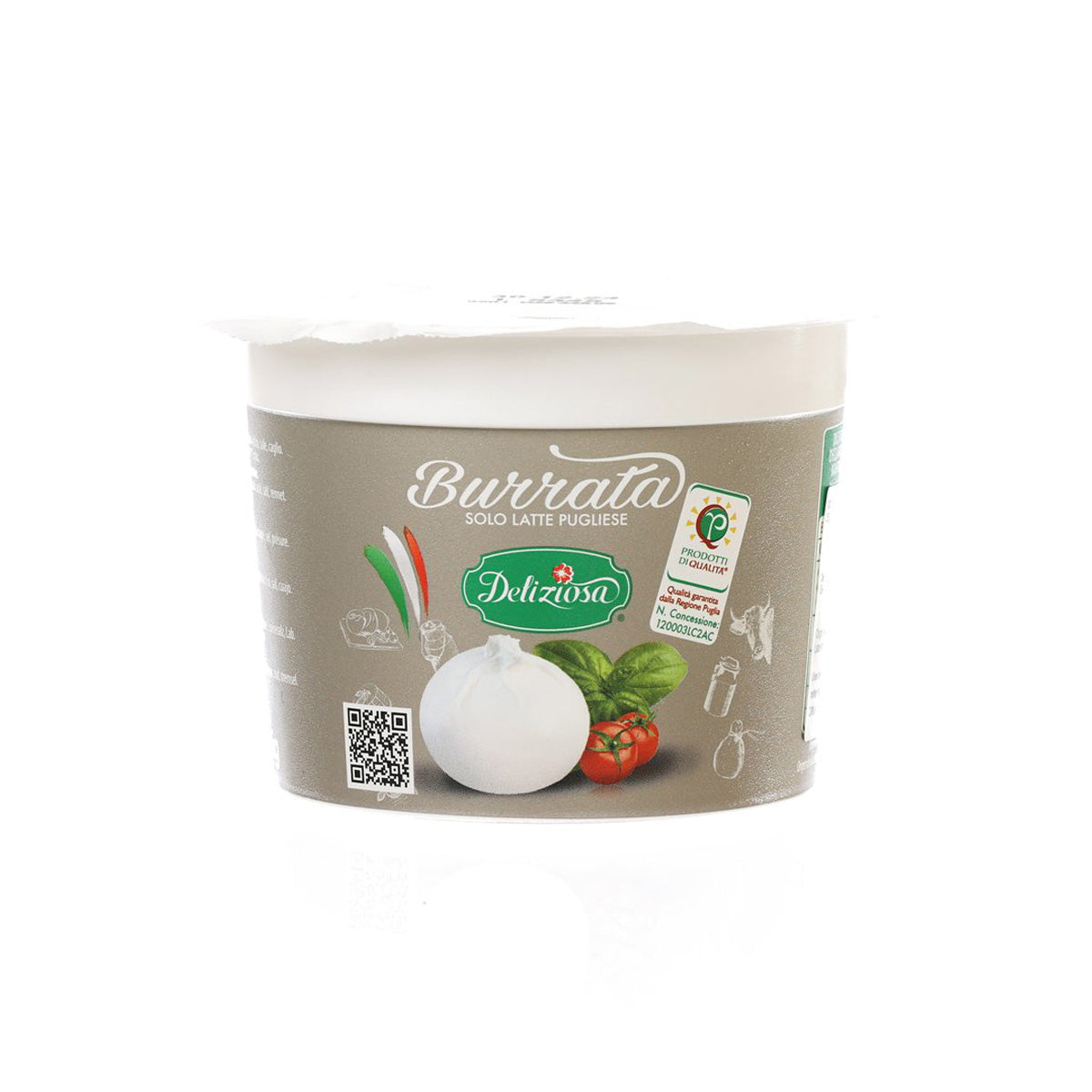 Burrata cheese tub with white lid, DELIZIOSA branding, 260g