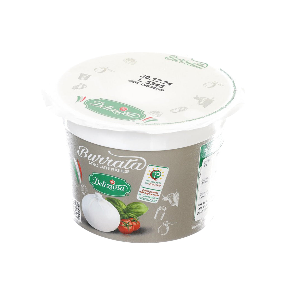 Burrata cheese cup with white lid, DELIZIOSA label and product graphics