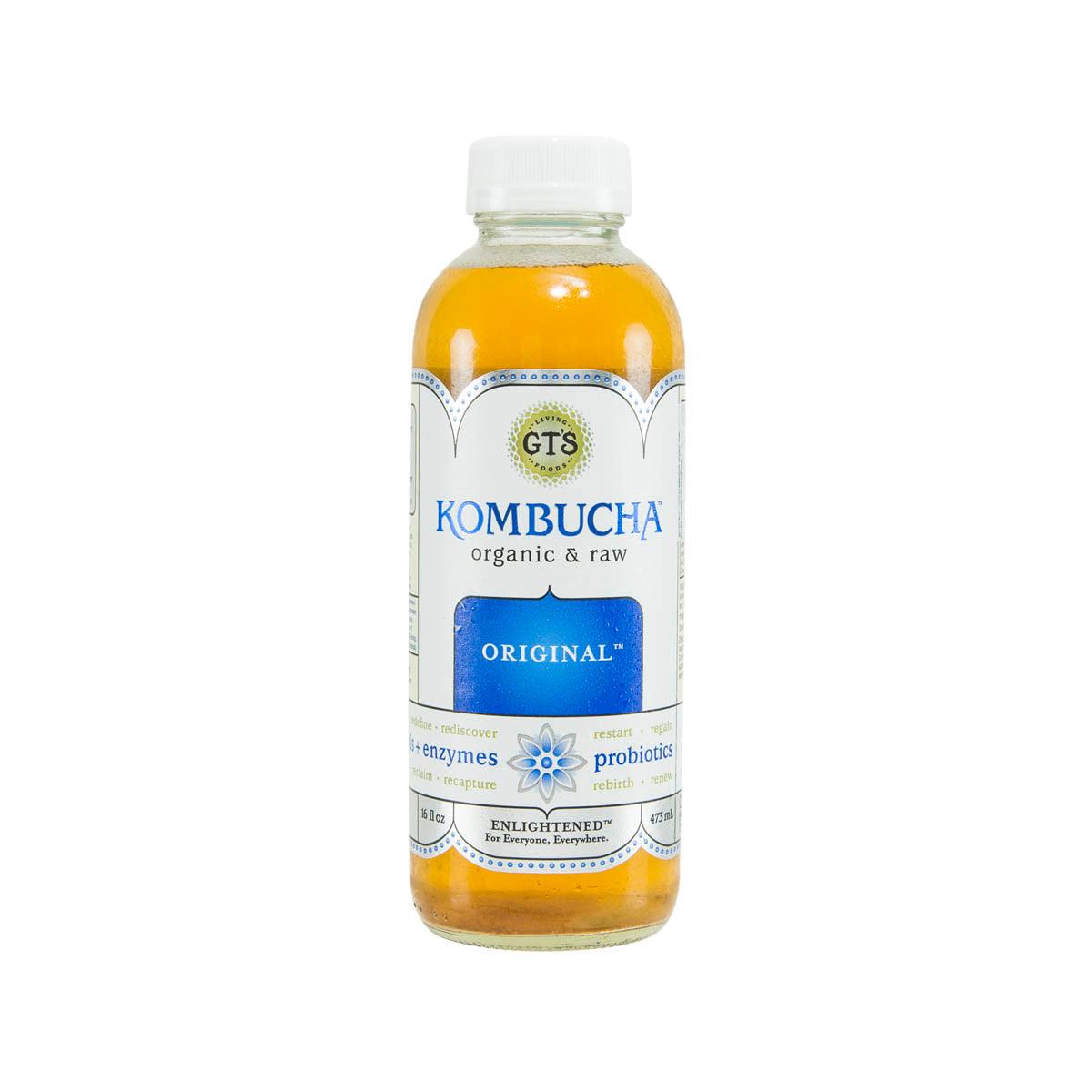 GT'S kombucha original organic & raw bottle with orange liquid, 473 mL