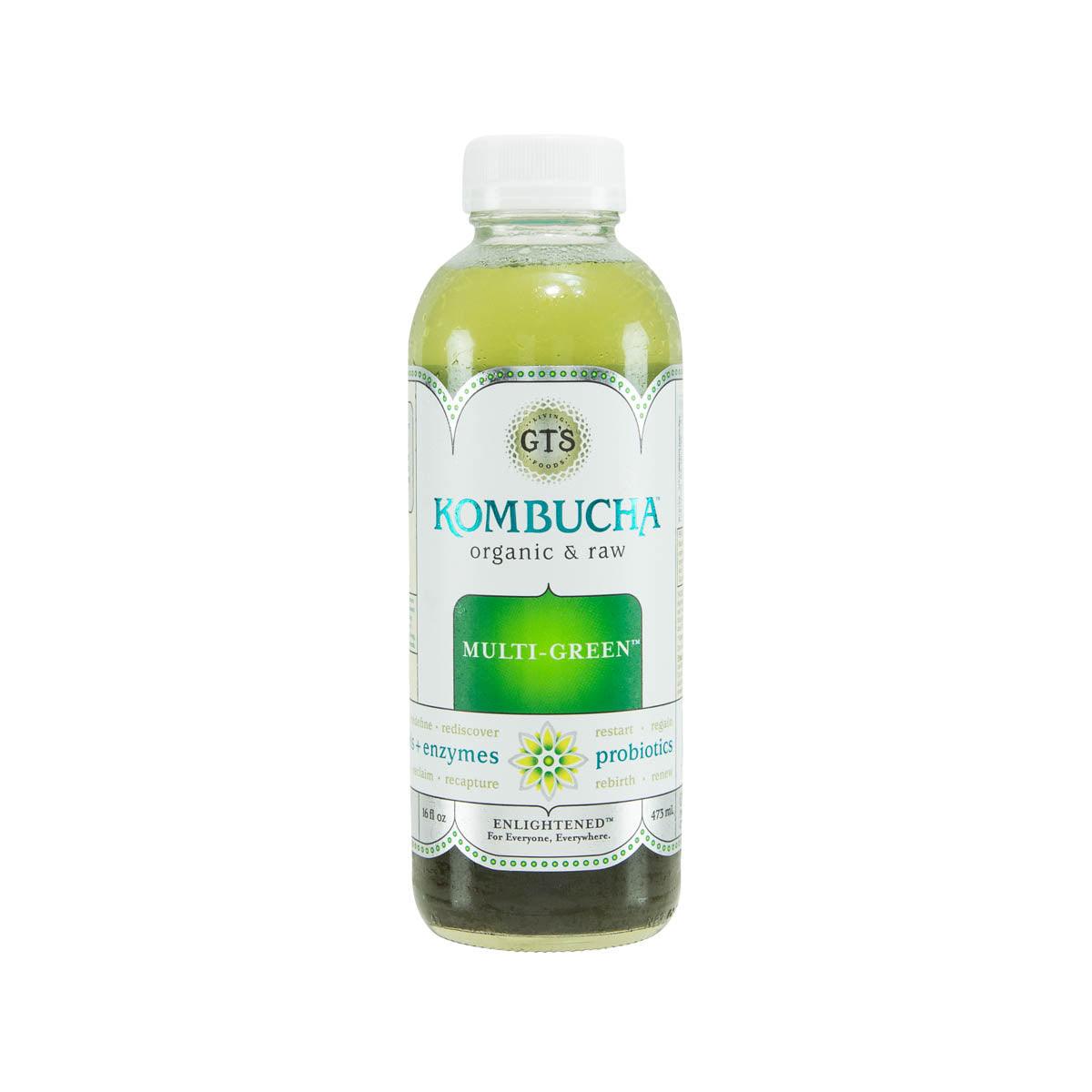 GT'S Multi-Green kombucha drink bottle, organic & raw, 473 mL, green label
