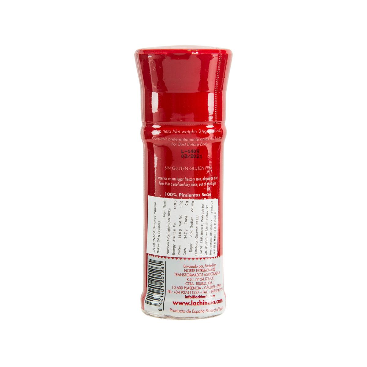 LA CHINATA smoked paprika flakes sweet, rear label on red spice jar