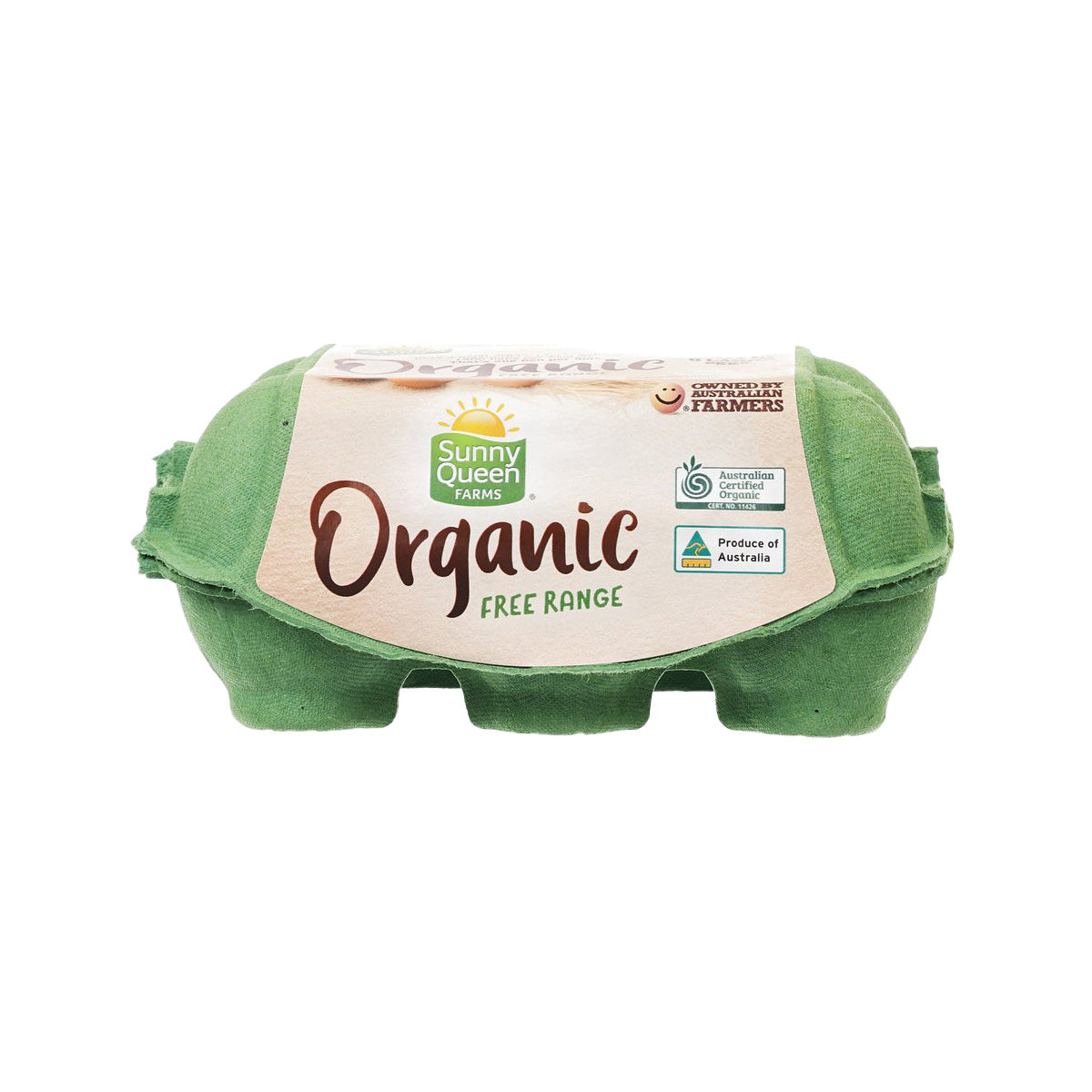 Organic free range egg carton, Sunny Queen brand, green tray with front label