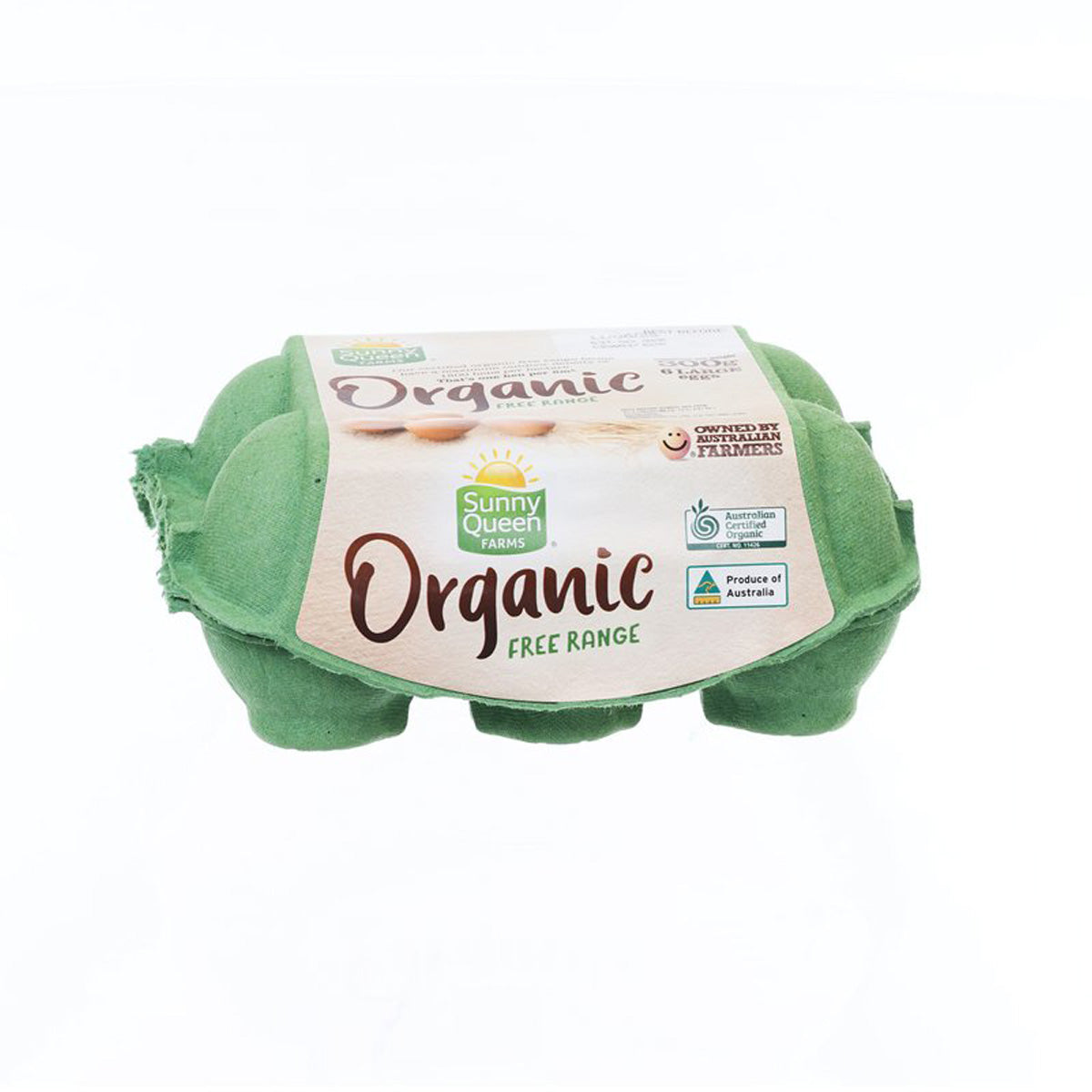 Organic free range egg carton, Sunny Queen brand, front label centered on green tray