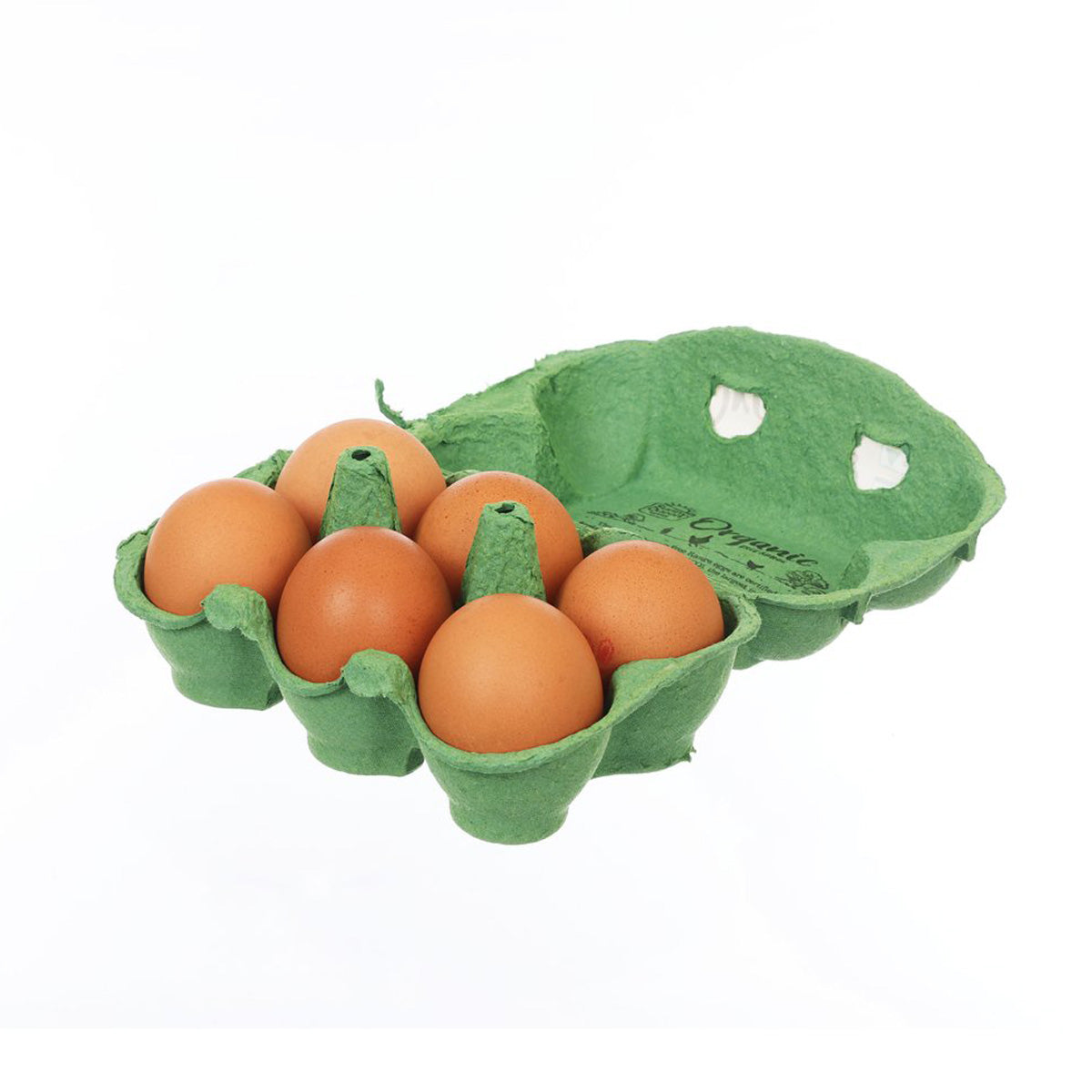 Organic egg carton tray filled with brown eggs, green paperboard holder