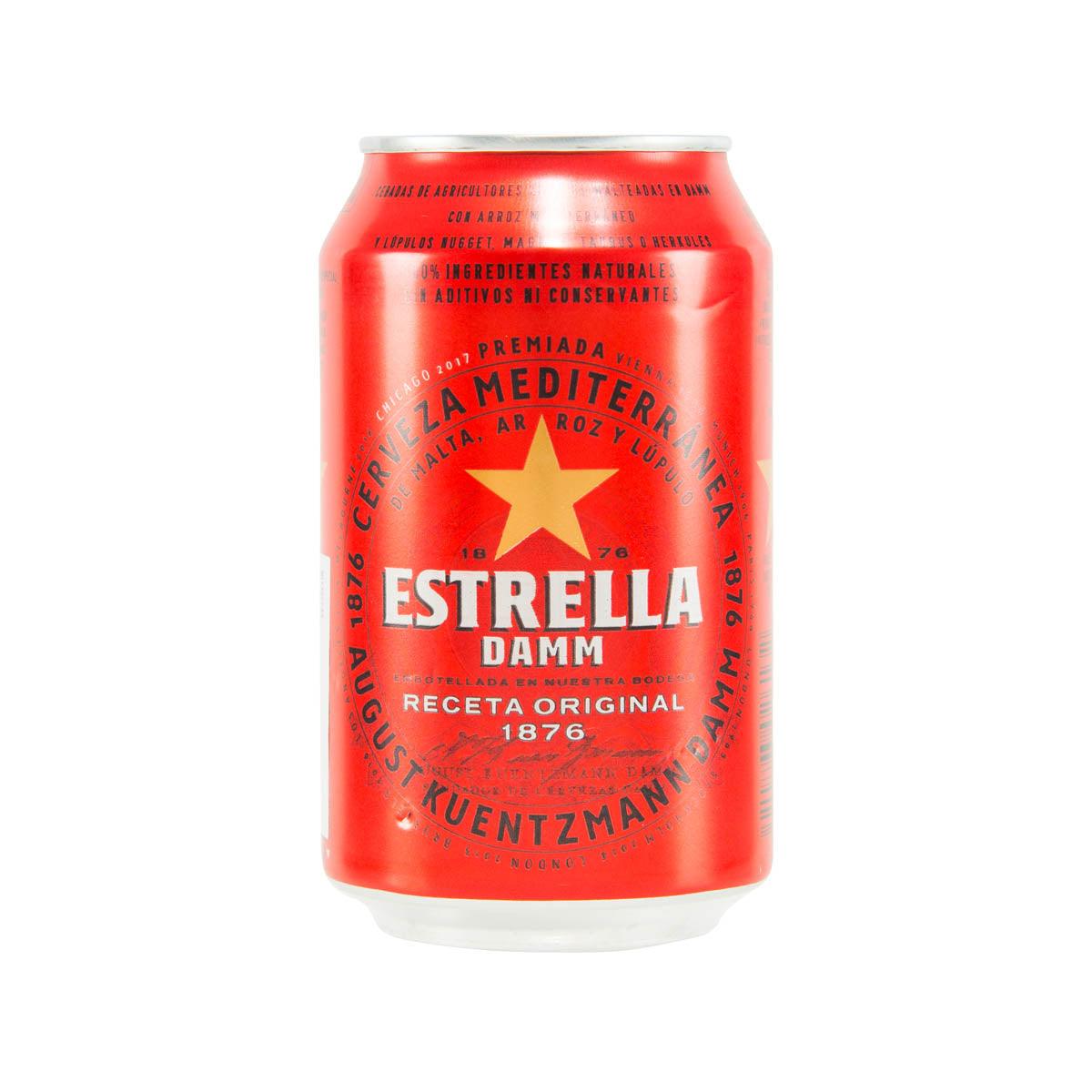 Estrella Damm Mediterranean beer can, red with gold star and 'Receta Original', 330 mL