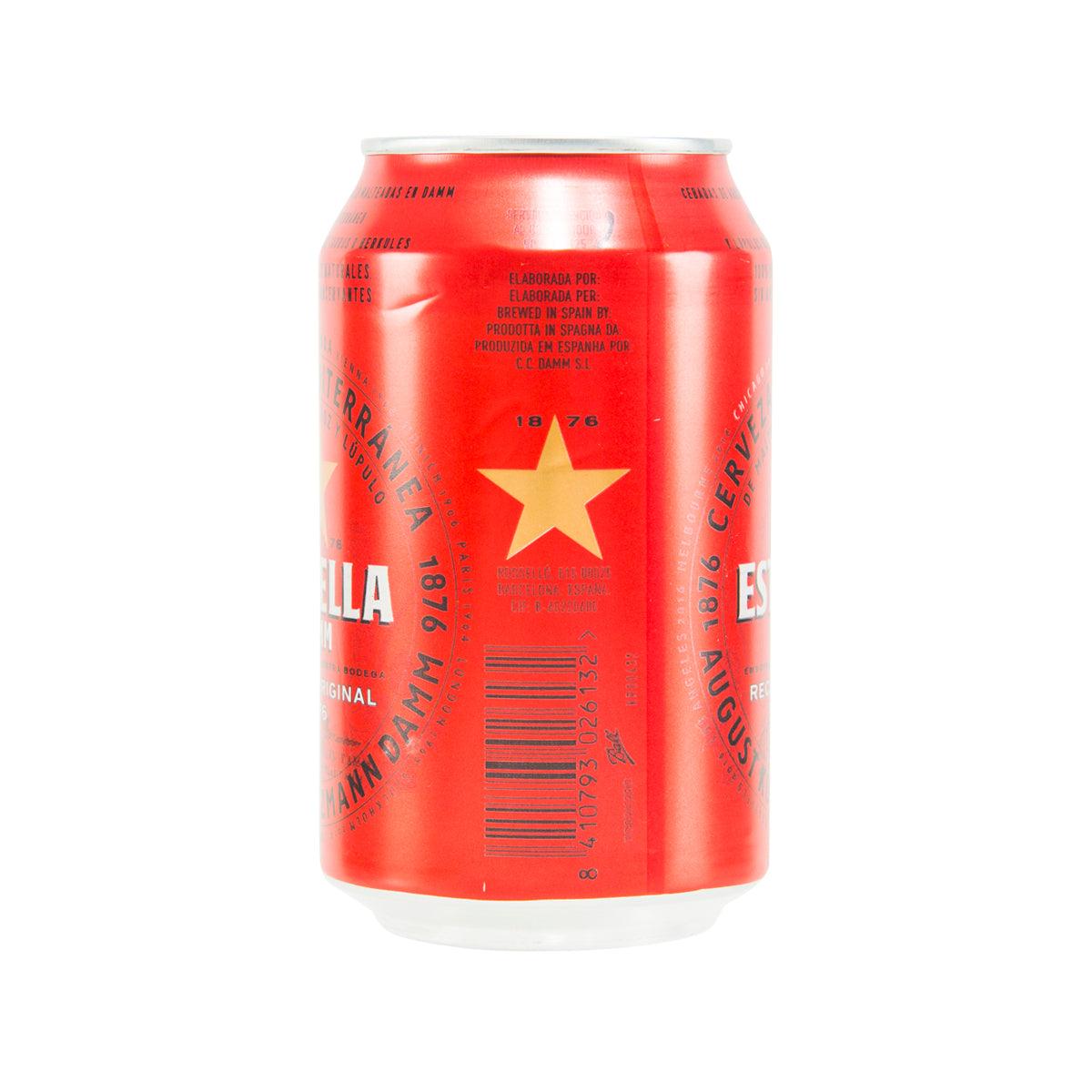 Estrella Damm Mediterranean beer can, red back with barcode and label text, 330 mL